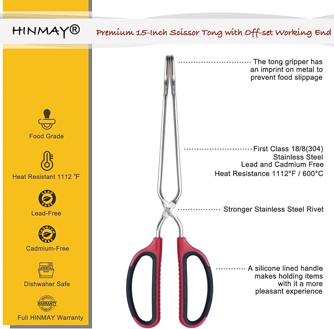 Stainless Steel Scissor Tongs 15-Inch Heavy Duty Grilling Tongs, Set of 2