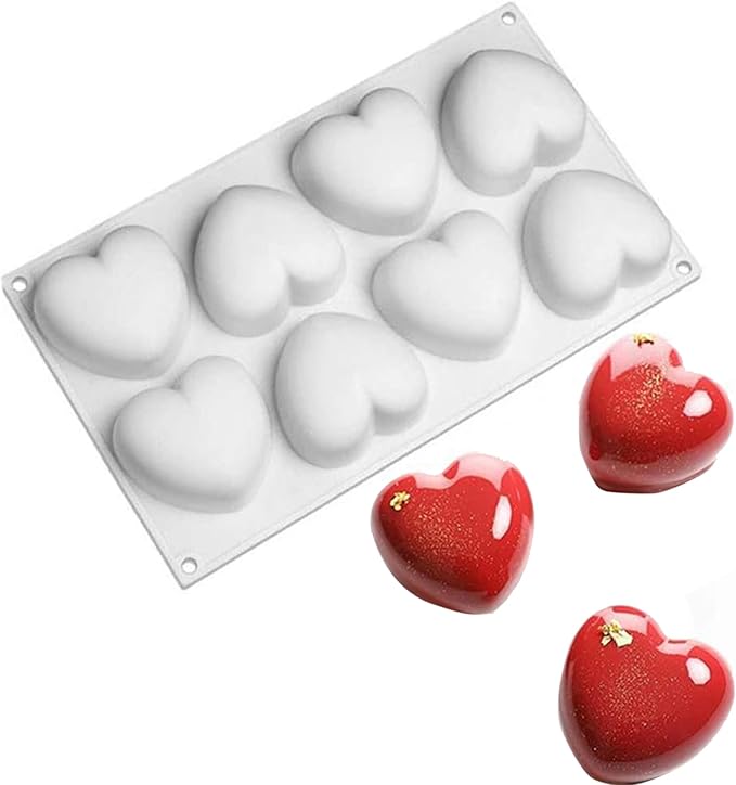 OCPO KITCHEN 3D Heart Silicone Molds for Baking Mousse Cake, 3D Silicone Baking Mold for Candy Pastry Chocolate Truffle Cupcake Jelly Cookie Pudding Cake Decoration Mold, 3D Heart Shape (8-Cavity)