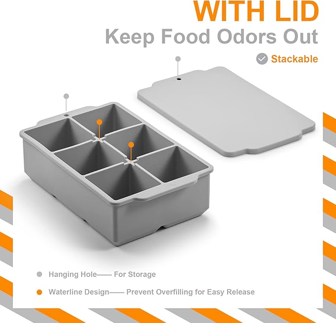 Nax Caki Large Ice Cube Tray with Lid, Stackable Big Silicone Square Ice Cube Mold for Whiskey Cocktails Bourbon Soups Frozen Treats, Easy Release BPA Free