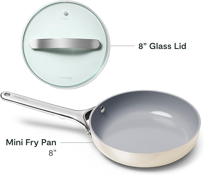 Caraway Nonstick Ceramic Mini Fry Pan With Glass Lid (1.05 qt, 8") - Non Toxic, PTFE & PFOA Free - Oven Safe & Compatible with All Stovetops (Gas, Electric & Induction) - Cream