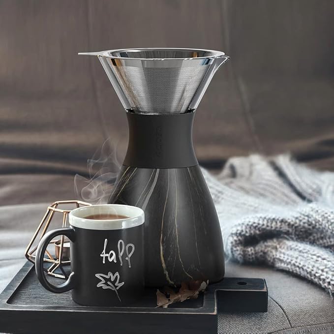 asobu Insulated Pour Over Coffee Maker (32 oz.) Double-Wall Vacuum, Stainless-Steel Filter and Take on the Go Carafe (Midnight Marble)