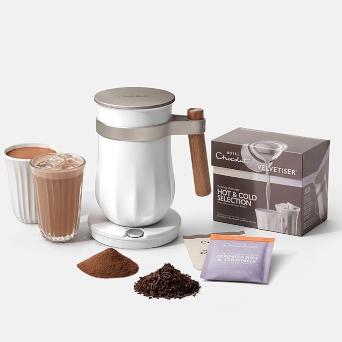 Hot & Cold Drinking Chocolate System - The ALL-NEW Velvetiser from Hotel Chocolat - Kit includes hot chocolate maker, 10 serving taster box, mug and glass - Chalk Edition