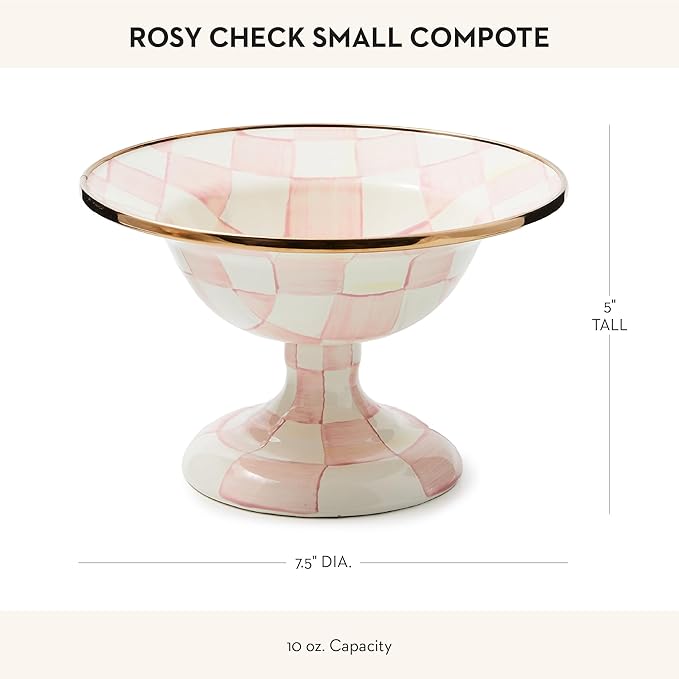 MACKENZIE-CHILDS Enamel Compote, Cute Enamel Pedestal Serving Dish or Decorative Bowl, Small, Pink-and-White Rosy Check