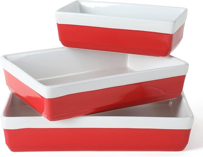 MARTHA STEWART 3 Piece Oven to Table Stoneware Bakeware, Baking Dish & Casserole Set - Red