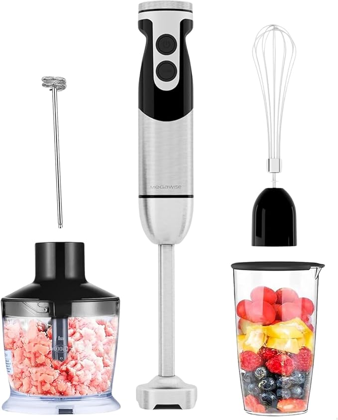 MegaWise Pro Titanium Reinforced 5-in-1 Immersion Hand Blender, Powerful Motor with 80% Sharper Blades, 12-Speed Corded Blender, Including 500ml Chopper, 600ml Beaker, Whisk and Milk Frother (Black)