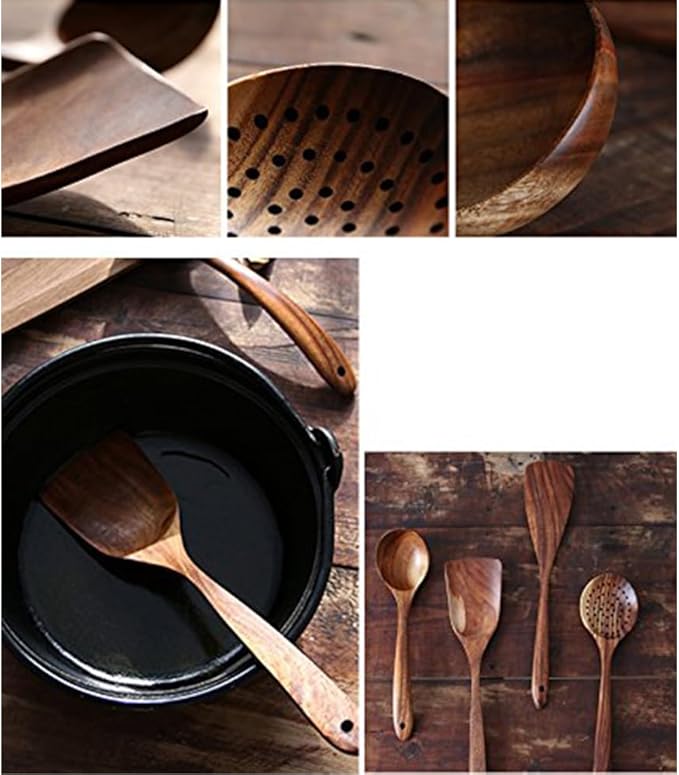 Wooden Spoons for Cooking, 4 Pcs Wooden Natural Teak Wood Spatulas Spoon, Nonstick Kitchen Utensil Set