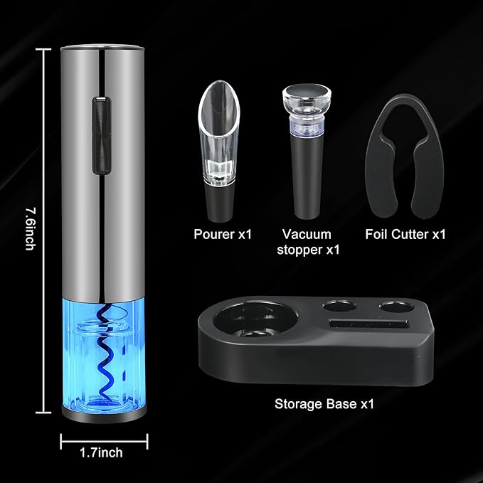 Electric Wine Bottle Opener Set- Silver, Automatic Wine Bottle Opener with Led Light, Rechargeable Corkscrew Kit with Aerator，Foil Cutter，Stoppers