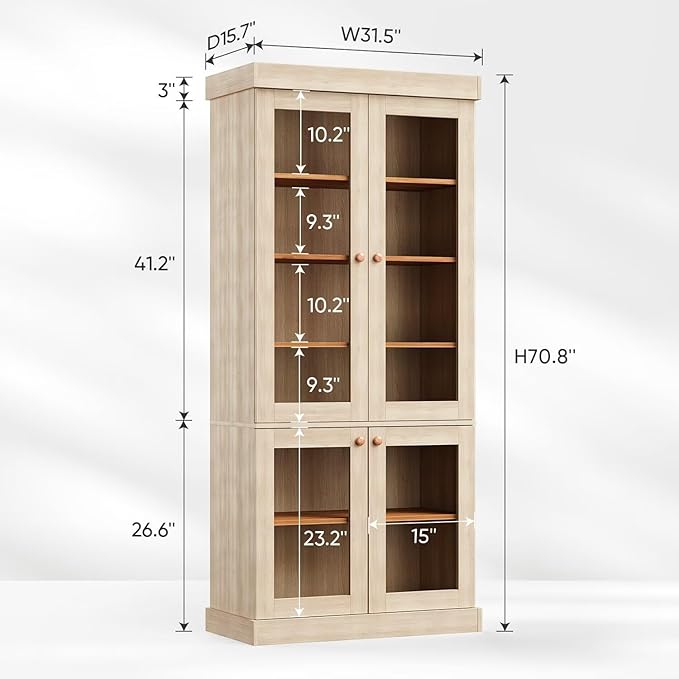 70.8" Bookshelf with Glass Doors, Farmhouse Modular Bookcase with 6-Tier Adjustable Shelves, Large Storage Cabinet for Living Room & Home Office, Set of 2, Brown