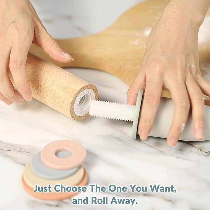 Geesta Adjustable Wood Rolling Pin with 5 Thickness Rings, Precise Dough Roller Handle Press Design with Measurement Guide for Fondant, Pizza, Pie Crust, Cookie, Pastry Baking Decorating Accessories