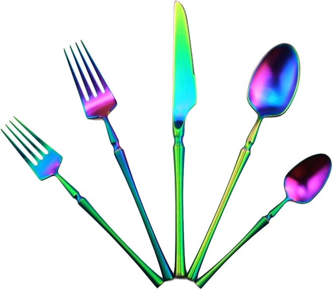 Gugrida Unique & Beautiful Flatware Set - 5 Piece Iridescent Silverware Sets | 18/10 Stainless Steel Reusable Cutlery Set | Rainbow Utensils Service For 1 with Dessert Fork, Knife, Spoon, Dinner Fork