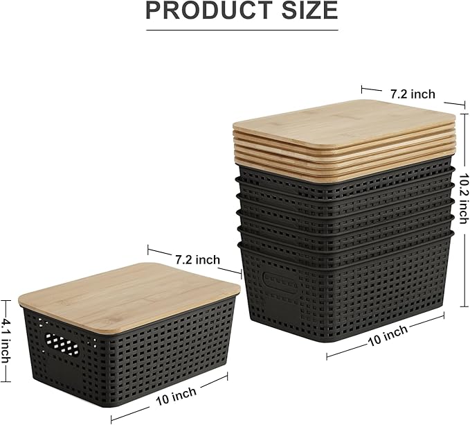 Small Plastic Storage Bins with Bamboo Lids 5.2qt Stackable Box Basket Pantry Decorative Containers Cute with Lable for Organizing Desktop Closet Office Black of 6 packs 10 * 7.2 * 4.1'’