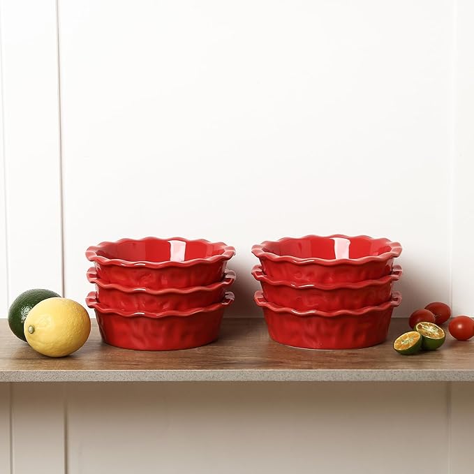Vicrays Ceramic Pie Pan for Baking - 5.5 inch Small Pie Plates Deep Dish Round Pot Casserole Mini Serving Bowl - Microwave Oven Safe for Dessert Apple Pie Cake Tart Pizza Set of 6 - Red