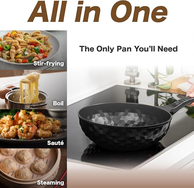 Diamond X Premium Non Stick Wok Pan - 11" Large Flat Bottom Chinese Wok - Woks & Stir-fry Pans Nonstick - Titanium-Coated 8-Layered Korean Engineered Skillet for Frying, Oil-Free, PFOA-Free