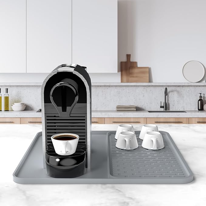 Silicone Coffee Mat,16'' x 16'' Coffee Bar Mat with Detachable Dish Drying Mat for Kitchen Countertops,Coffee Bar Accessories Fit Under Coffee Maker Coffee Machine Espresso Machine Dish Rack