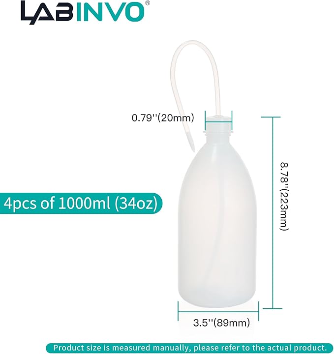 4pcs of Economy Wash Bottles, Vol.1000ml (34oz), Narrow-Mouth Squeeze Bottles Bottles, LDPE Material, with Long Dispensing Tube,IN-WBNL1000