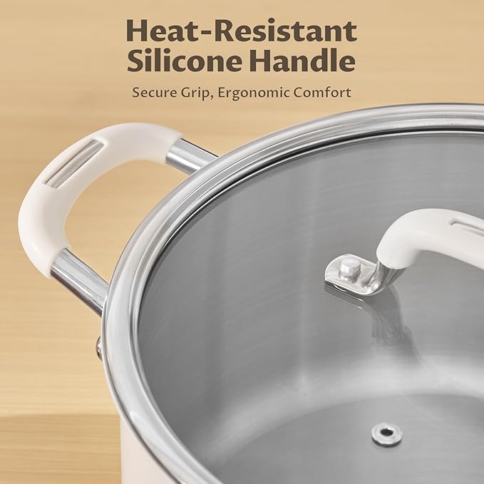 6 Quart Tri-Ply Stainless Steel Stock Pots with Lid, BEZIA Induction Soup Pot with Lid, Kitchen Cooking Pots with Silicone Handle, Compatible with All Cooktops, Free of PTFE/PFOA/PFOS