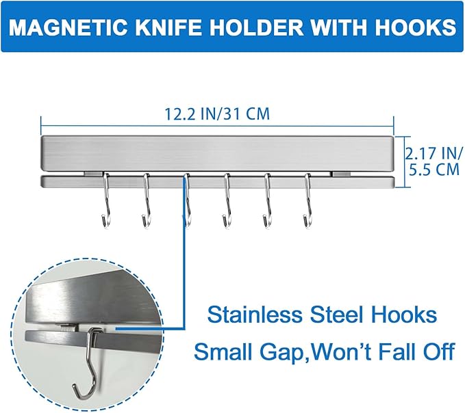 12 Inch Magnetic Knife Holder for Wall, Adhesive Knife Magnetic Strip No Drilling with 6 Hooks, Powerful Magnetic Knife Strip, Magnetic tool Holder for Kitchen Knives & Utensils (Silver)