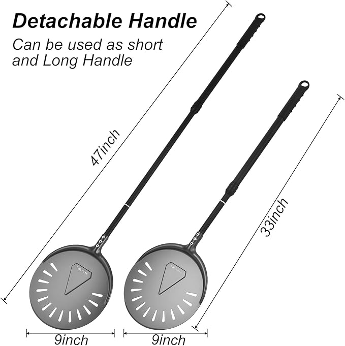 Turning Pizza Peel, 9 Inch with 38 Inch Handle Round Pizza Turning Peel, Professional Anodized Aluminum Turning Pizza Spatula, 47 Inch overall