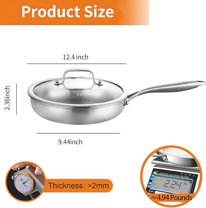 DELARLO Tri-Ply Stainless Steel Pan, 12 inch Frying Pan with Lid, Compatible with All Cooktops Up to 600℉, Fast & Even Heat, Skillet, Induction Cookware, Cooking Pan, Stir Fry Pan, Dishwasher Safe