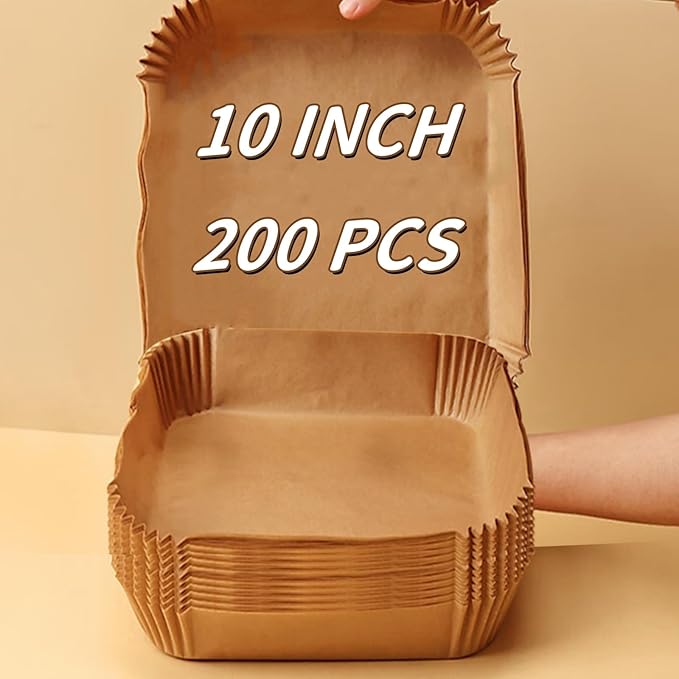 10 Inch Air Fryer Liners Disposable, 200Pcs Air Fryer Paper Liners, Oil-Proof & High-Temperature Resistant Parchment Baking Paper for Air Fryer, Microwave and Oven（Bottom Is 9 Inch）