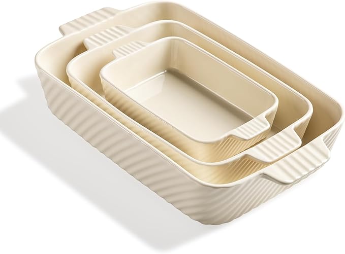 Sweejar Ceramic Baking Dish Set, Cake Baking Dish for Brownie, Porcelain Striped Casserole Dishes for Oven with Handle for Lasagna, Family Dinner(Beige)