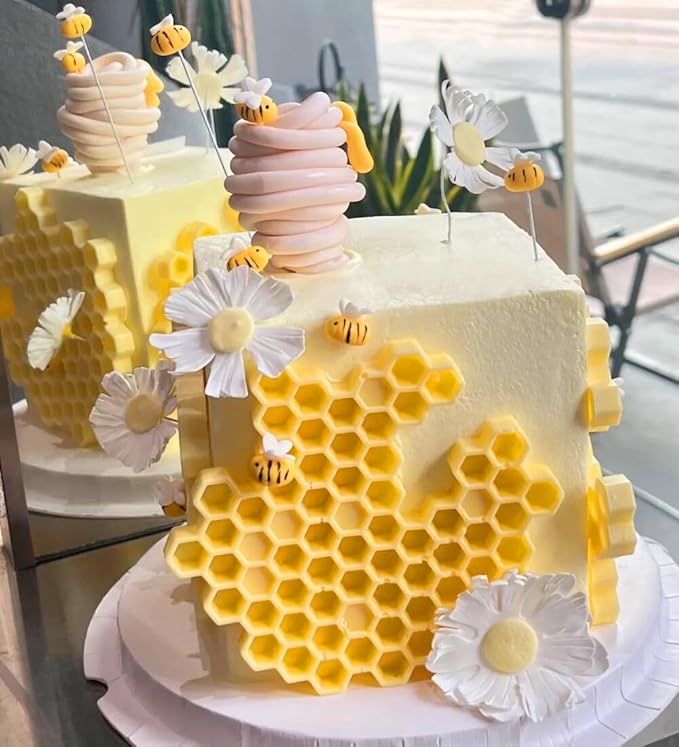 Honeycomb Bee Silicone Molds, Embossing Lace Fondant Mold and Bee Lace Fondant Molds for Cupcake Cake Decorating Sugar Chocolate Candy Baking Mold