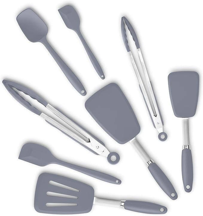 Silicone Spatulas Set Turners Tongs Cooking Utensils Set High Heat Resistant Kitchen Scraper Spatulas for Cooking Mixing Baking BPA Free Dishwasher Safe, Grey