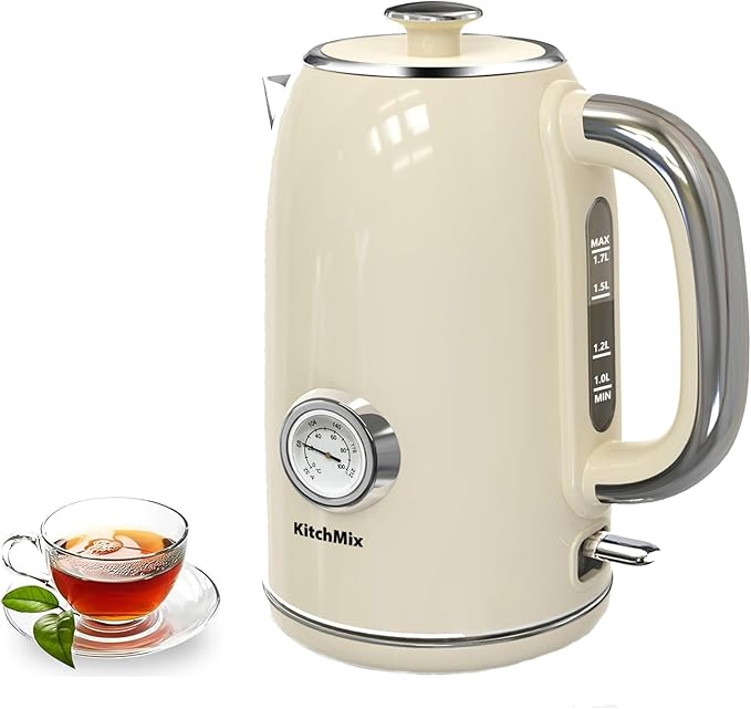 Electric Stainless Steel Tea Kettles1500W-1.7L-with Thermometer, Auto Shut-Off & Boil-Dry, Cool Touch Handle, BPA Free Kettle & Hot Water Kettle (Beige)