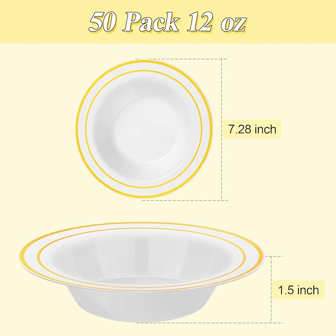 100 Pack Disposable Soup Bowls with Gold Rim, 12oz Premium Heavy Duty Plastic Dinner Bowls for Party, Wedding and Holiday