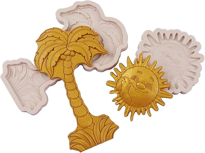 3 Pcs Hawaiian Coconut Tree Fondant Molds, Seaside Beach Sun Silicone Molds, Slipper Surf Shorts Clay Mold for Cake Decorating, Candy Chocolate Marzipan Resin Crafts, Summer Party, Halloween