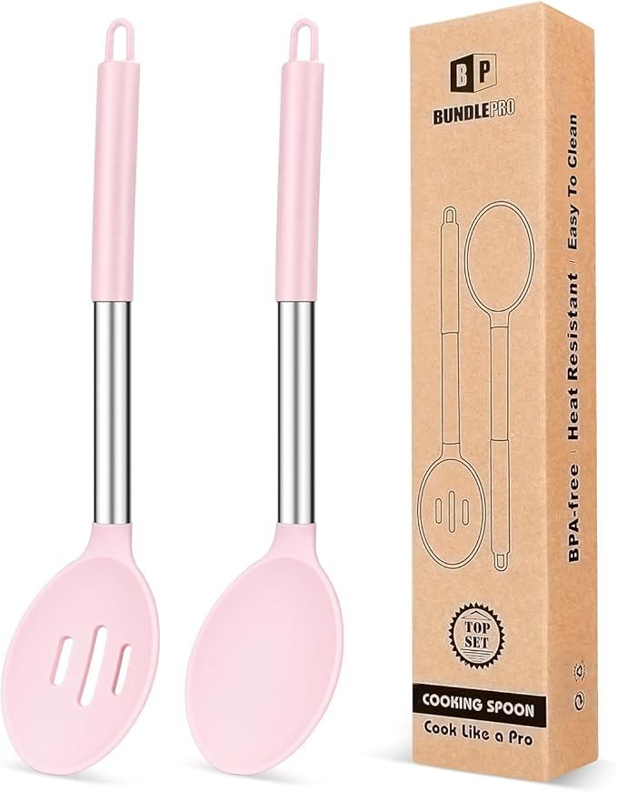 Pack of 2 Large Silicone Cooking Spoons,Non Stick Solid Basting Spoon,Heat-Resistant Kitchen Utensils for Mixing,Serving,Draining,Stirring (PINK)