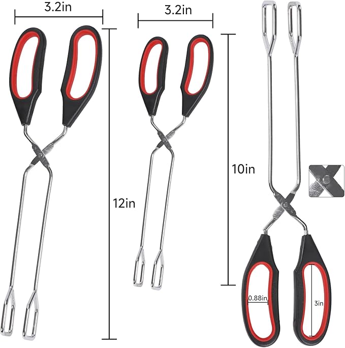 Tongs for Cooking, Set of 2 Heat Resistant Stainless Steel 10-Inch and 12-Inch Kitchen Scissor Tongs for BBQ, Food, Salad