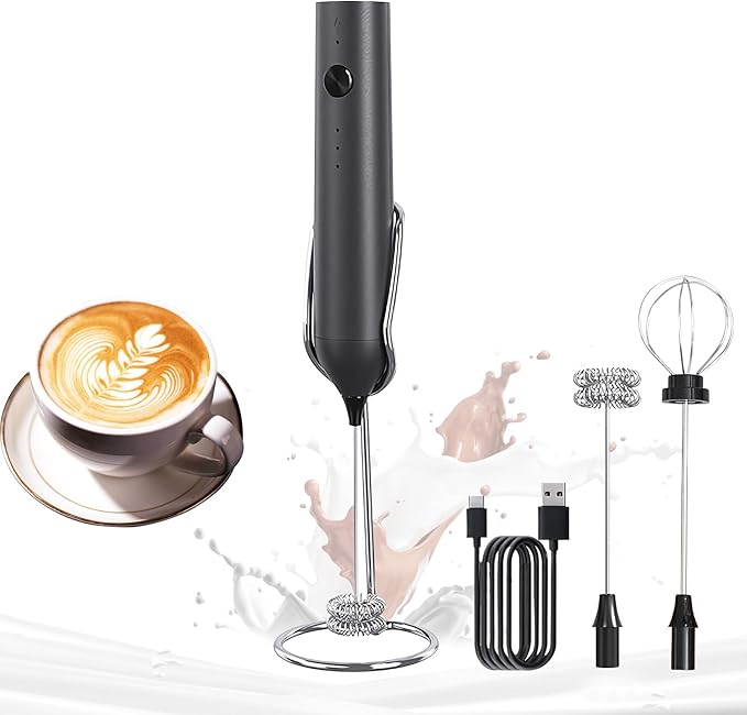 YARRAMATE Electric Milk Frother Wand with Stainless Steel Whisk and Stand, Fast Rechargeable Coffee Mixer with 3 Speeds, Handheld Drink Stirrer, Whisk Foam Maker for Lattes, Cappuccino, Matcha (Black)