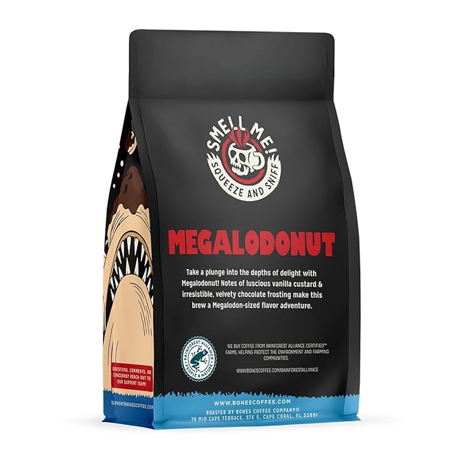 Bones Coffee Company Megalodonut, Boston Cream Donut Flavored Coffee, Medium Roast Low Acid Arabica Beans Compatible with Auto drip and French Press Coffee Maker, 12 Oz Whole Bean