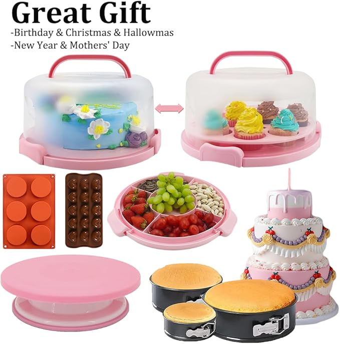 Gawren-H&E Cake Decorating Supplies Kit, 678 PCS Cake Decorating Kit & Cake Baking Suppplies set with Cake Carrier,3 Springform Pans Set,Piping Bags and Tips Set,Chocolate Molds,Cake Stand for Baking