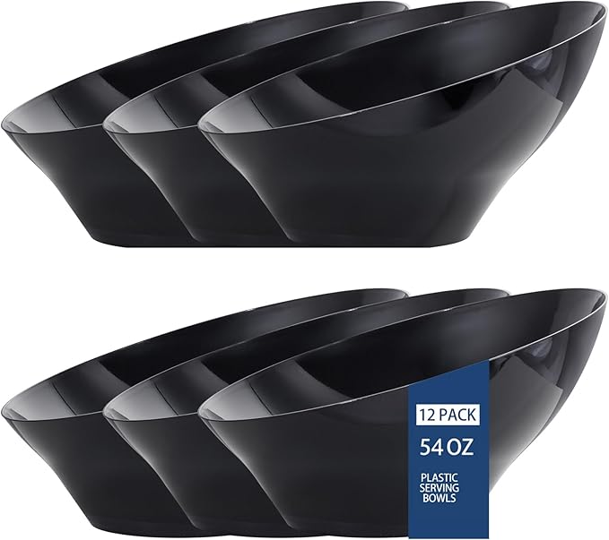 bUCLA 12 Pack Black Plastic Serving Bowls - 54 OZ Angled Bowls Disposable for Chip&Candy - Party Table Salad and Fruit for Party, Wedding & New Year