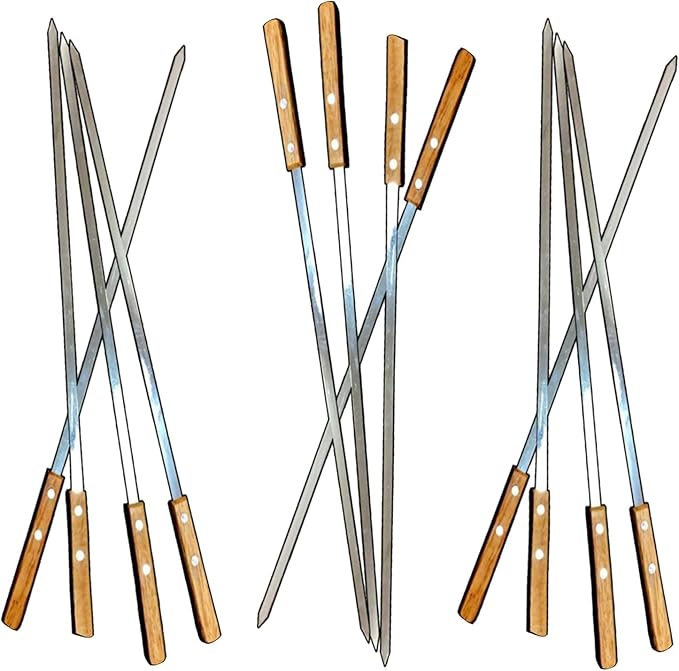 12 Pack Kebab Skewers BBQ Barbecue Skewers Stainless Steel Flat Sticks 22 Inch Heavy Duty Large Wide Reusable with Nonslip Wooden Handle Ideal for Shish Kabob Chicken Shrimp and Vegetables