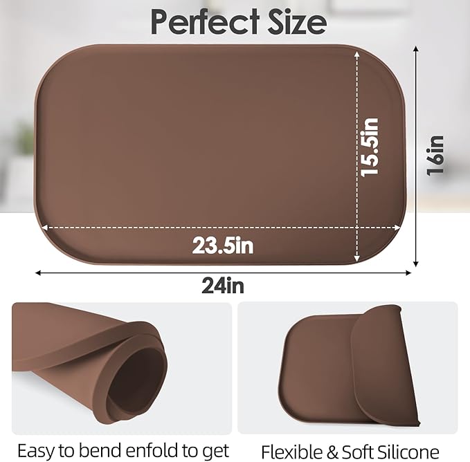 Silicone Coffee Maker Mat with Lip, 24'' x 16'' Heavy Duty Coffee Maker Mat for Countertops, Coffee Tray Fit Under Coffee Machine Appliance Automatic Machines Espresso Accessory, Brown