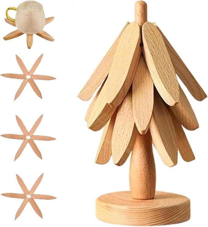 Natural Wood Tree Trivet Set, 𝐍atural Tree Trivet Set - 4 Wooden Trivets,4 Wooden 𝐓rivets & 1 Stand Like a Christmas Trees,for Hot Dish,Pot,Bowl,Teapot,Hot Pot Sets (Natural Wood 3 Trivets,2set)