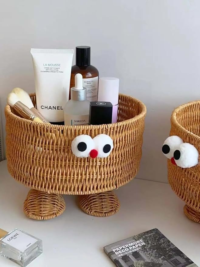 hand-woven round rattan basket storage basket storage box ornaments decorative basket multifunctional picnic food bread basket fruit gift basket key basket. (cartoon)