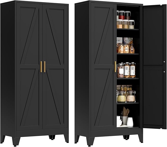 71" Tall Metal Pantry Cabinet, Kitchen Storage Cabinet with 2 Doors and 4 Adjustable Shelves for Kitchen, Living Room, Dining Room, Bathroom and Home, Office (Black, 71" H)