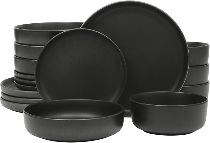 Gibson Elite Pasco 16 Piece (Service for 4) Plates and Bowls Double Bowl Reactive Glaze Dishes Stoneware Ceramic Dinnerware Set - Black