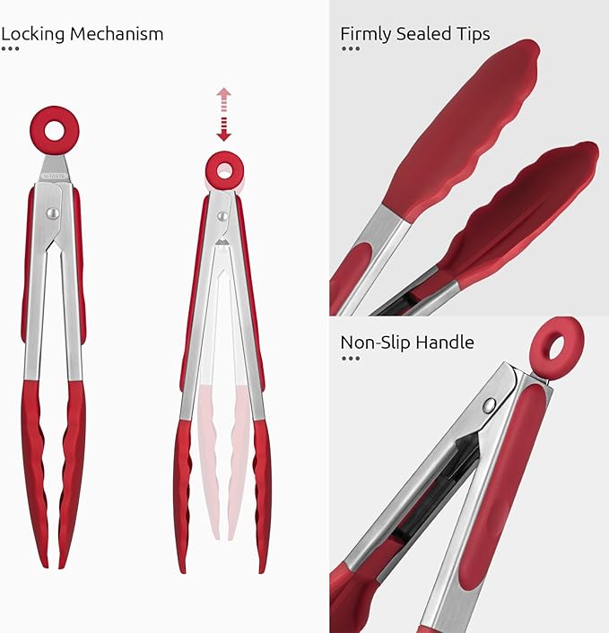 480ºF Heat Resistant Kitchen Tong: U-Taste 7 inch Silicone Cooking Tong with Firm Sealed Non Stick Rubber Tips & Silicon Coated 18/8 Stainless Steel Handle & Smooth Locking for Serving Salad (Red)