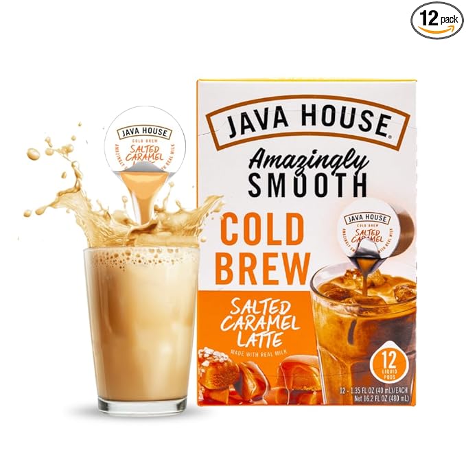 JAVA HOUSE Salted Caramel Latte Cold Brew Coffee Pods, (12 Count) Peel and Pour Pods Hot or Iced