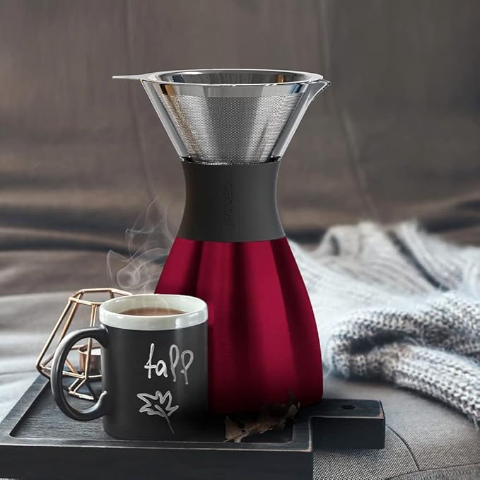 asobu Insulated Pour Over Coffee Maker (32 oz.) Double-Wall Vacuum, Stainless-Steel Filter and Take on the Go Carafe (Burgundy)