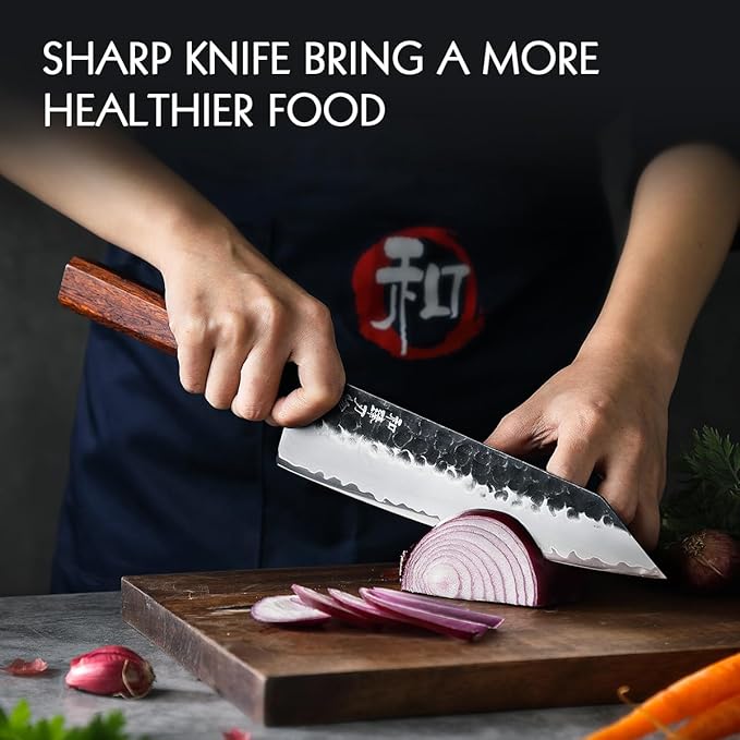 HEZHEN- 8.5” Chef Knife, 3 Layers High Carbon Clad Steel Kiritsuke Knife, Composite Forging Steel, Professional Japanese Kitchen Knife, Redwood Octagonal Handle With Wooden Knife Sheath