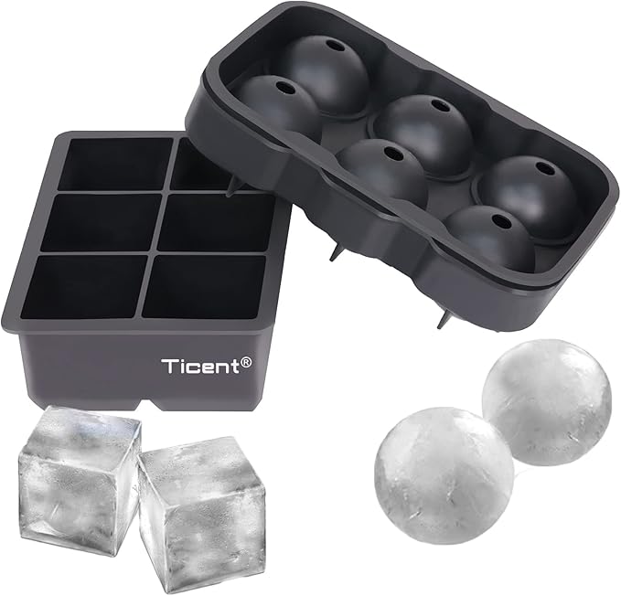 Ticent Ice Cube Trays (Set of 2), Silicone Sphere Whiskey Ice Ball Maker with Lids & Large Square Ice Cube Molds for Cocktails & Bourbon - Reusable & BPA Free