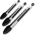 Black Stainless Steel Tongs Set – 7”, 9” & 12” Heat Resistant Kitchen Tongs with Silicone Tip, Strong Grip for Cooking, Salad Tossing, Air Fryer, BBQ & Grill – Pull Lock, Black – Set of 3