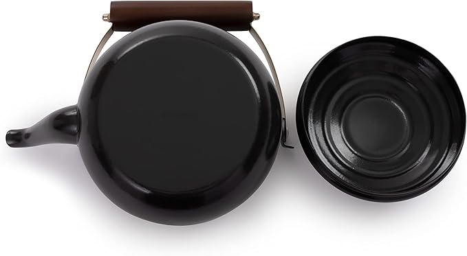 Barebones Enamel Teapot - Vintage Inspired Design - Baked Stainless Steel Rim - FSC Certified Natural Walnut Tea Kettle - 1.5 Liters, 6 Cups (Charcoal)