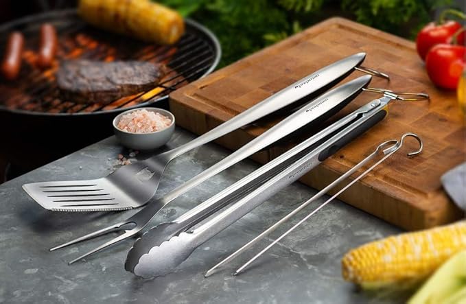 BBQ Set Grilling Tool Set, Heavy Duty, Spetula Fork Tong and 2 Skewers. (5 Piece.)